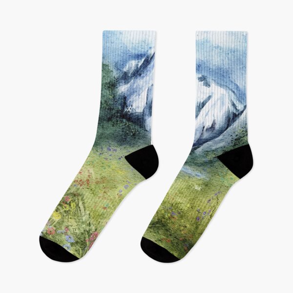 Item preview, watercolor picture of mountains landscape vectorized, sky, handdrawn view, nature, meadow designed and sold by eves_aquadreams.