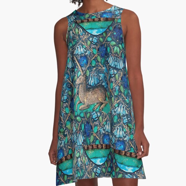 UNICORN AMONG BLUE FLOWERS Aqua Blue Green White Medieval Floral Motifs A-Line Dress