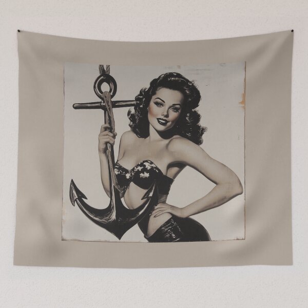 Item preview, Nautical Nadia Anchor woman Pretty Pinup Colorized Surreal Sepia Seafarer designed and sold by Vicki Noble Art.