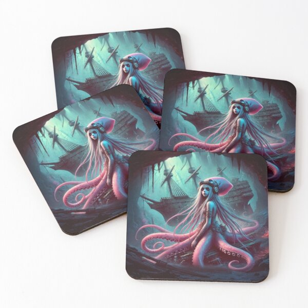 Item preview, AI generated squid girl looking at shipwreck, dystopian fantasy designed and sold by AI-this-is-AI.