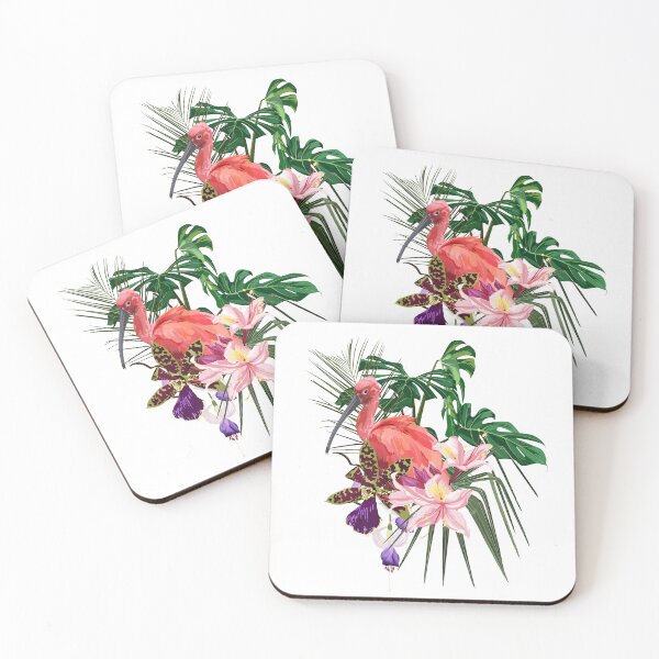 Item preview, Tropical bouquet with exotic tropical rainforest Scarlet Ibis bird and green  leaves, palms and flowers. designed and sold by MatyKotiv.
