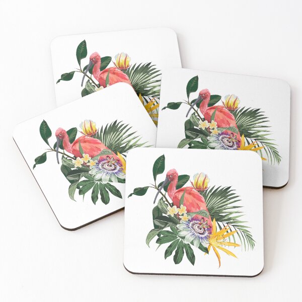 Item preview, Tropical bouquet with exotic tropical rainforest Scarlet Ibis bird and green  leaves, palms and flowers. designed and sold by MatyKotiv.