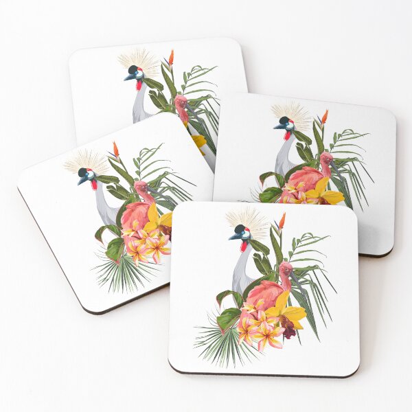 Item preview, Tropical bouquet with exotic tropical rainforest Scarlet Ibis, Crane bird and green leaves, palms and flowers. designed and sold by MatyKotiv.