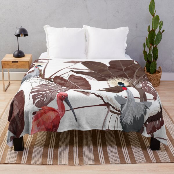 Item preview, Japanese crane bird, Ibis and exotic palm leaves, white background. designed and sold by MatyKotiv.