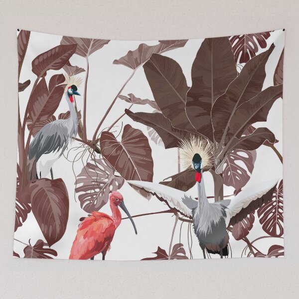 Item preview, Japanese crane bird, Ibis and exotic  palm leaves, white background.  designed and sold by MatyKotiv.