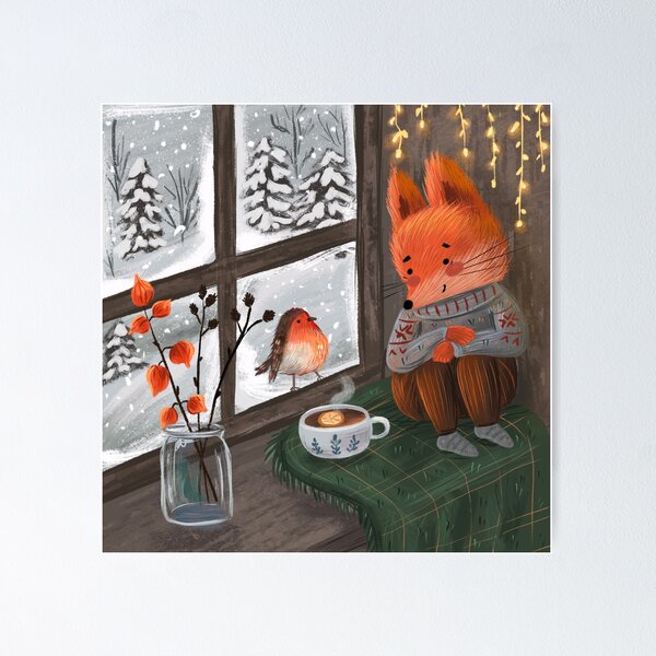 Item preview, Winter design with a fox sitting in his cozy wooden house and looking through the window at a ribun designed and sold by volhakaliaha.