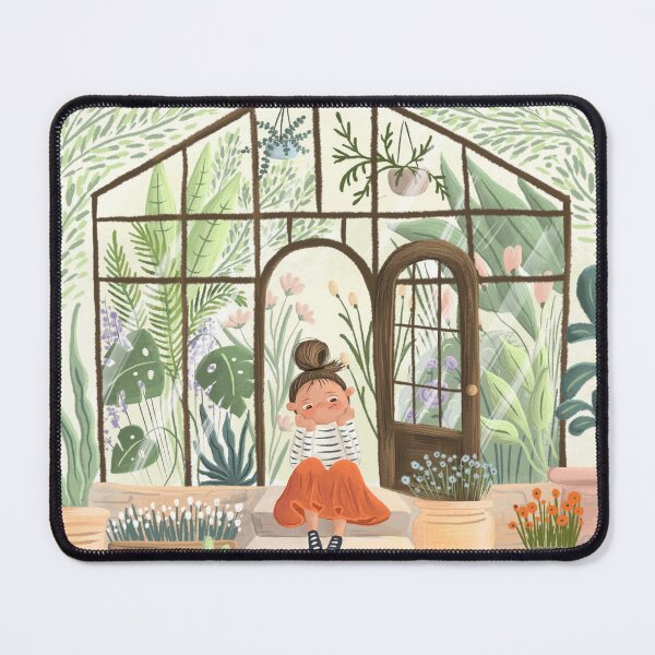 Item preview, A girl sitting in front of a greenhouse surrounded with plants and flowers of different types designed and sold by volhakaliaha.