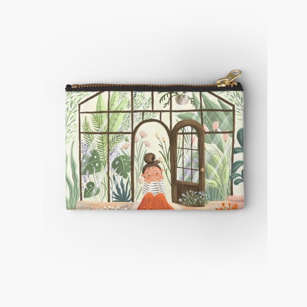 Item preview, A girl sitting in front of a greenhouse surrounded with plants and flowers of different types designed and sold by volhakaliaha.