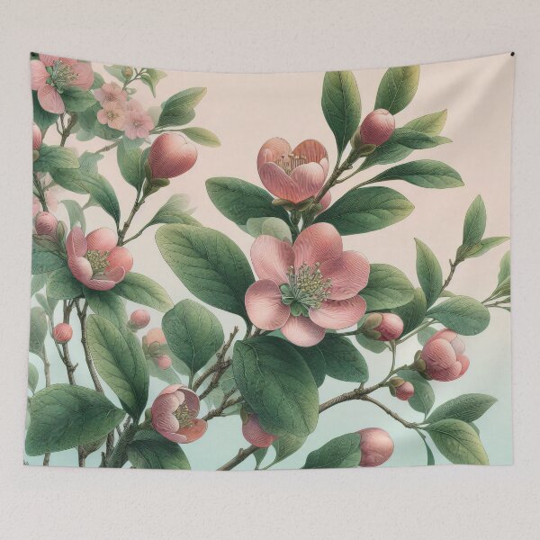 Item preview, Botanical - Elegant Japanese Quince Pink Blossom Botanical Art by heidiannemorris designed and sold by FOLK ART FUSION by heidiannemorris.