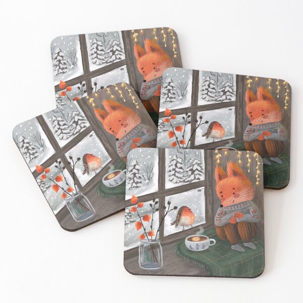 Item preview, Winter design with a fox sitting in his cozy wooden house and looking through the window at a ribun designed and sold by volhakaliaha.