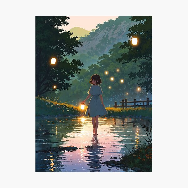 Item preview, Floating Lantern Lake - A Dreamy Retro Anime Artwork designed and sold by LoFizzy.