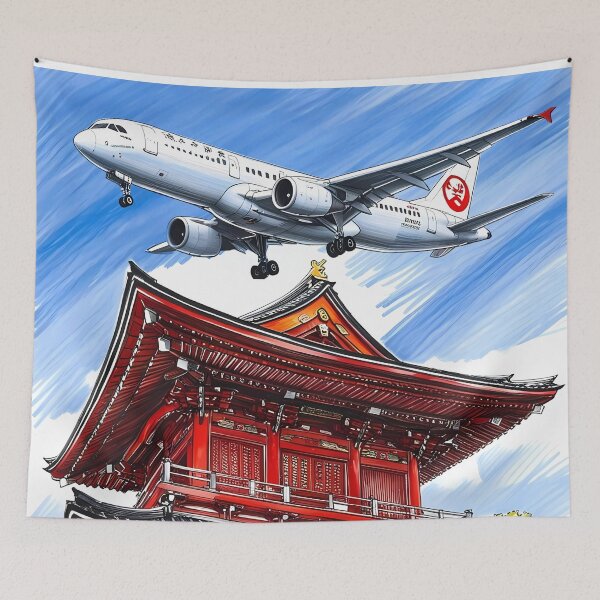 Item preview, Airplane Flying Over Japanese Temple Like Koyasan - Aviation Art designed and sold by EMairplanes.