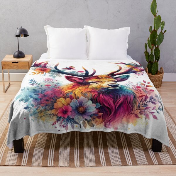 Item preview, Pretty Scottish Highland Stag in Flowers Colorful Watercolor designed and sold by MaedK.