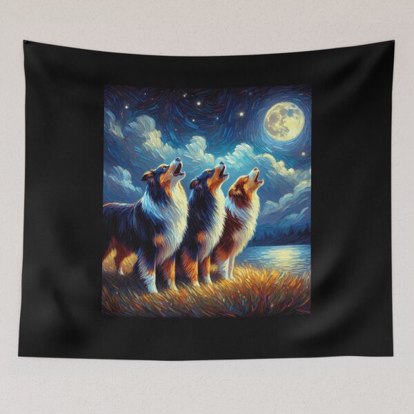 Item preview, Starry Night Three Australian Shepherds Howling at Moon Dog Lover designed and sold by Kimberley King Art  King Art.