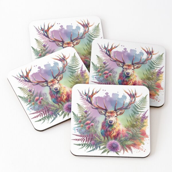 Item preview, Majestic Scottish Highland Stag in Thistles Colorful Watercolor designed and sold by MaedK.
