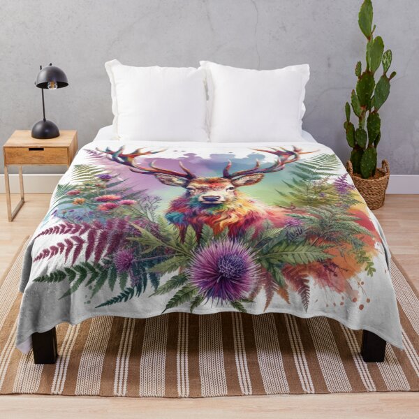 Item preview, Majestic Scottish Highland Stag in Thistles Colorful Watercolor designed and sold by MaedK.