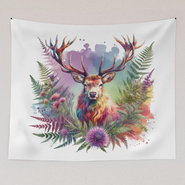 Item preview, Majestic Scottish Highland Stag in Thistles Colorful Watercolor designed and sold by MaedK.