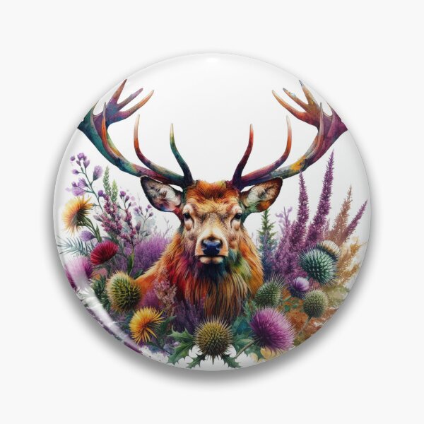 Item preview, Majestic Scottish Highland Stag in Thistles and Heather Colorful Watercolor designed and sold by MaedK.