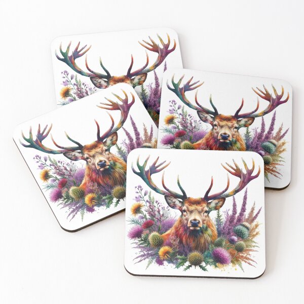 Item preview, Majestic Scottish Highland Stag in Thistles and Heather Colorful Watercolor designed and sold by MaedK.