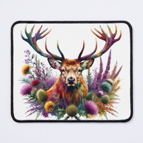 Item preview, Majestic Scottish Highland Stag in Thistles and Heather Colorful Watercolor designed and sold by MaedK.