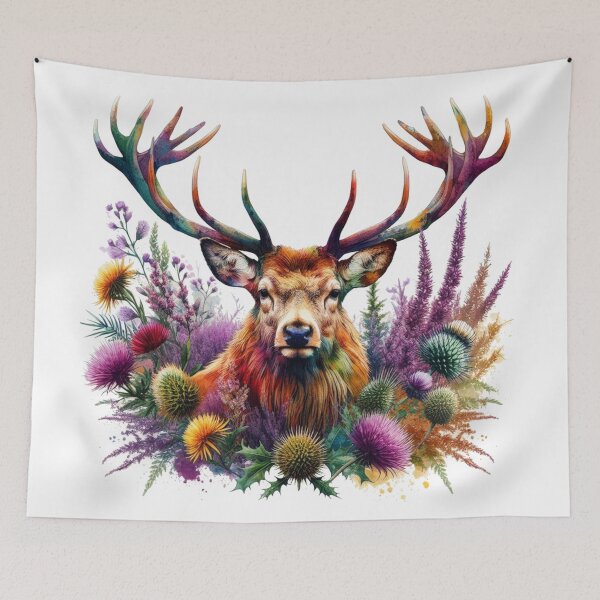 Item preview, Majestic Scottish Highland Stag in Thistles and Heather Colorful Watercolor designed and sold by MaedK.