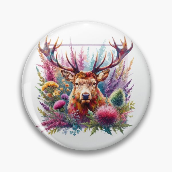 Item preview, Majestic Scottish Highland Stag in Thistles and Heather Colorful Watercolor designed and sold by MaedK.