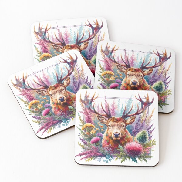 Item preview, Majestic Scottish Highland Stag in Thistles and Heather Colorful Watercolor designed and sold by MaedK.