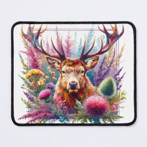Item preview, Majestic Scottish Highland Stag in Thistles and Heather Colorful Watercolor designed and sold by MaedK.