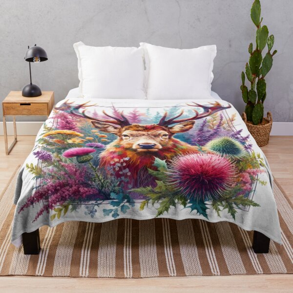 Item preview, Majestic Scottish Highland Stag in Thistles and Heather Colorful Watercolor designed and sold by MaedK.