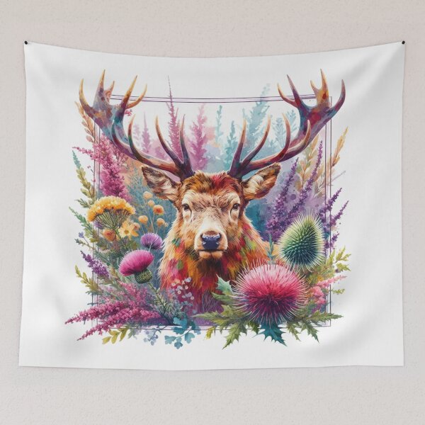 Item preview, Majestic Scottish Highland Stag in Thistles and Heather Colorful Watercolor designed and sold by MaedK.