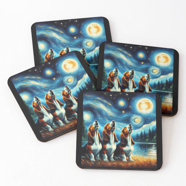 Item preview, Starry Night Three Basset Hounds Howling at Moon Dog Lover designed and sold by Kimberley King Art  King Art.