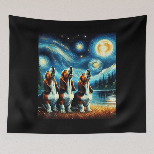 Item preview, Starry Night Three Basset Hounds Howling at Moon Dog Lover designed and sold by Kimberley King Art  King Art.