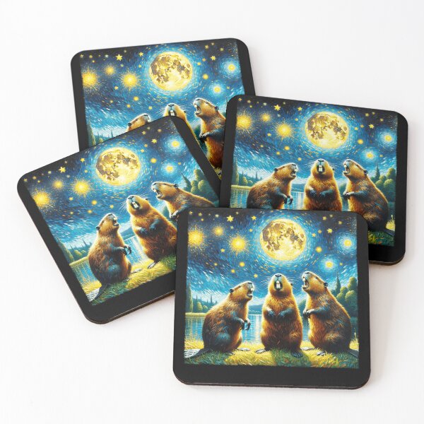 Item preview, Starry Night Three Beavers Howling at Moon Van Gogh Lover designed and sold by Kimberley King Art  King Art.