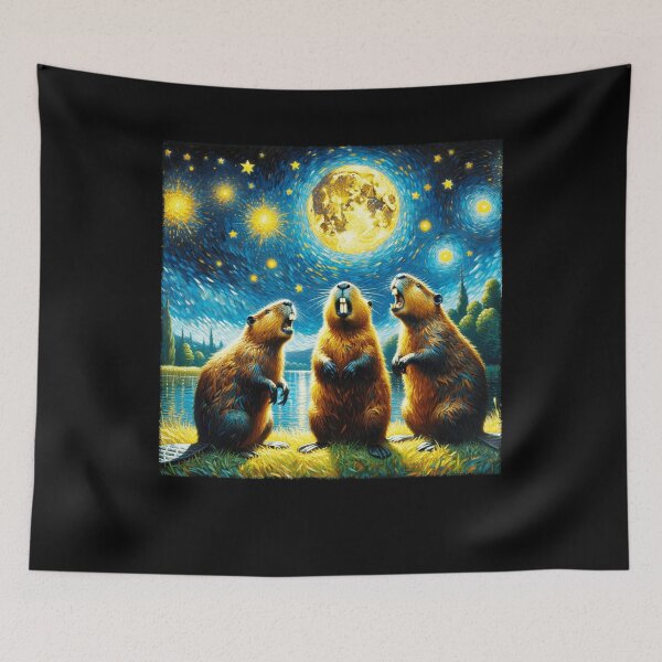 Item preview, Starry Night Three Beavers Howling at Moon Van Gogh Lover designed and sold by Kimberley King Art  King Art.