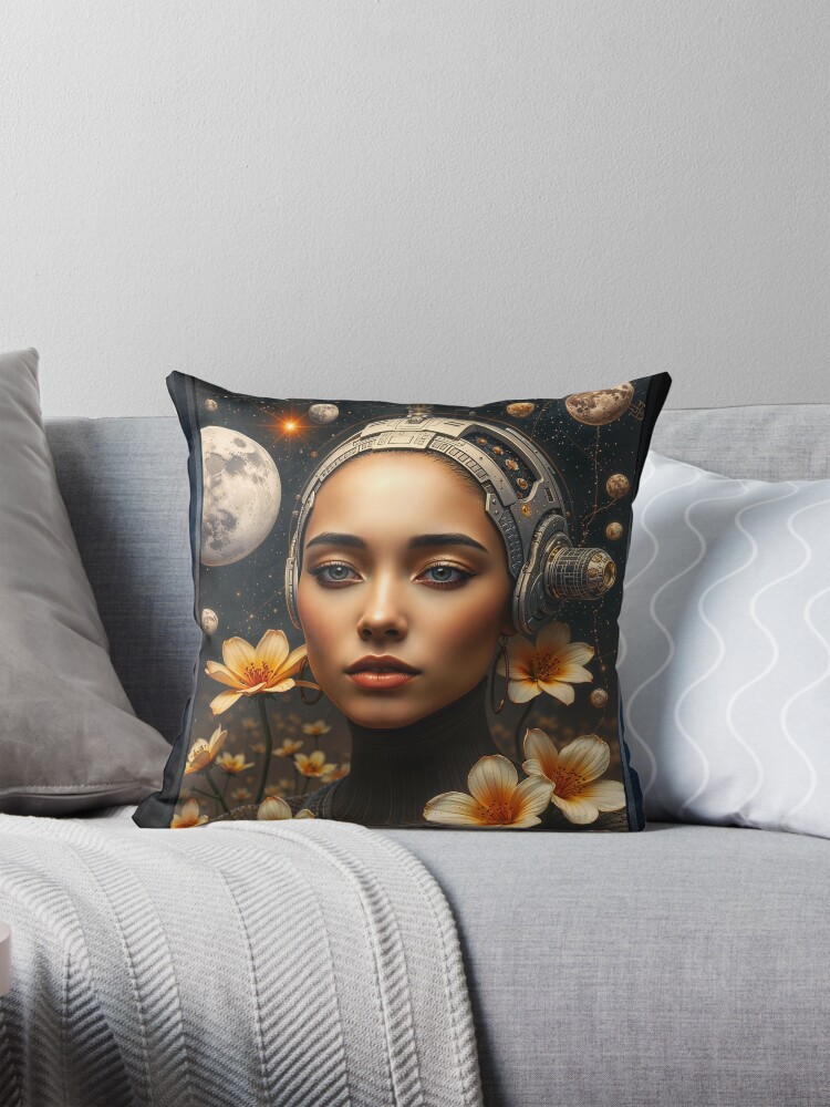 A Cosmic Portrait of a Woman Amidst Stars and Flowers Captiving AI Concept Art by Xzendor7 Decorative Art Print Throw Pillow