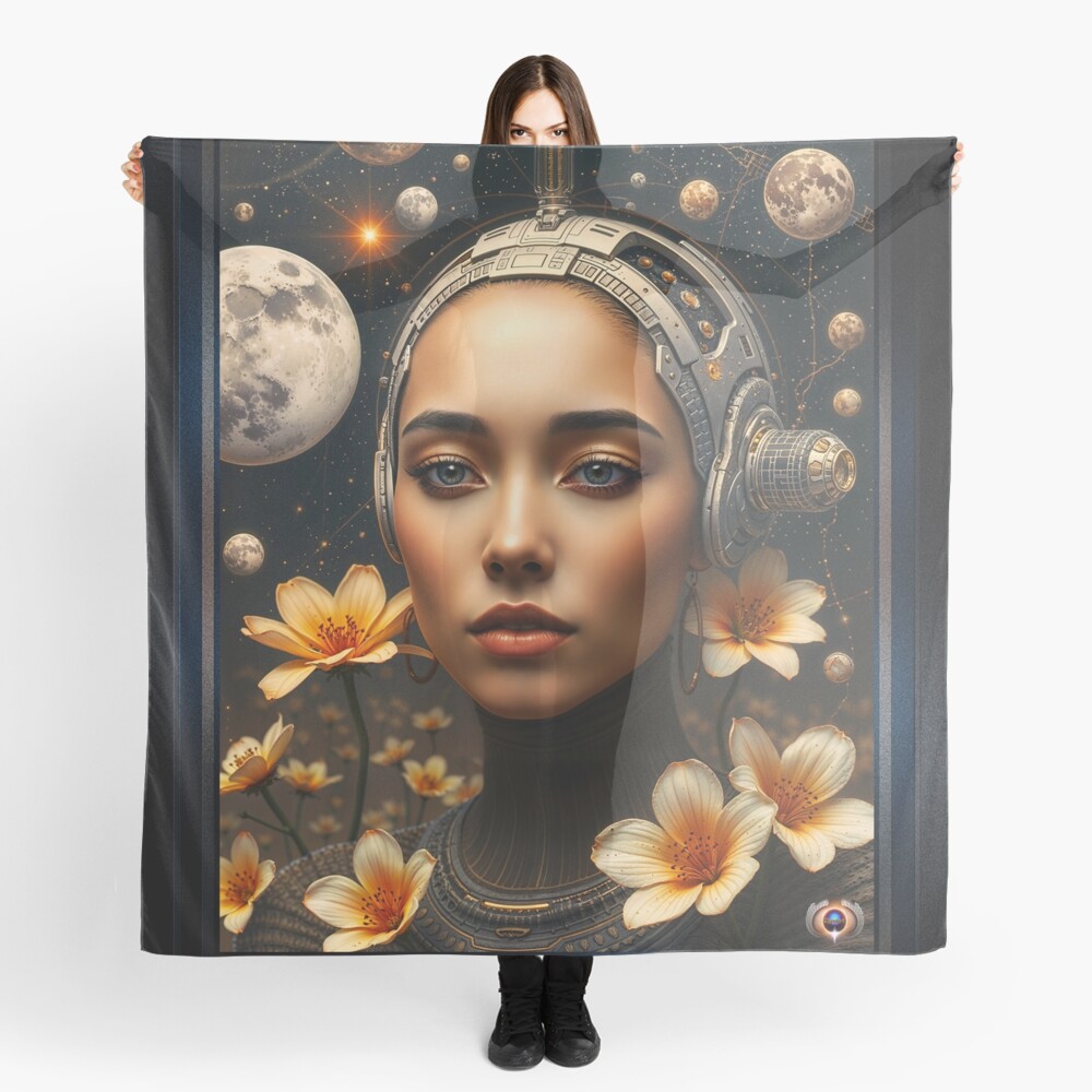 A Cosmic Portrait of a Woman Amidst Stars and Flowers Captiving AI Concept Art by Xzendor7 Decorative Art Print Ladies Scarf
