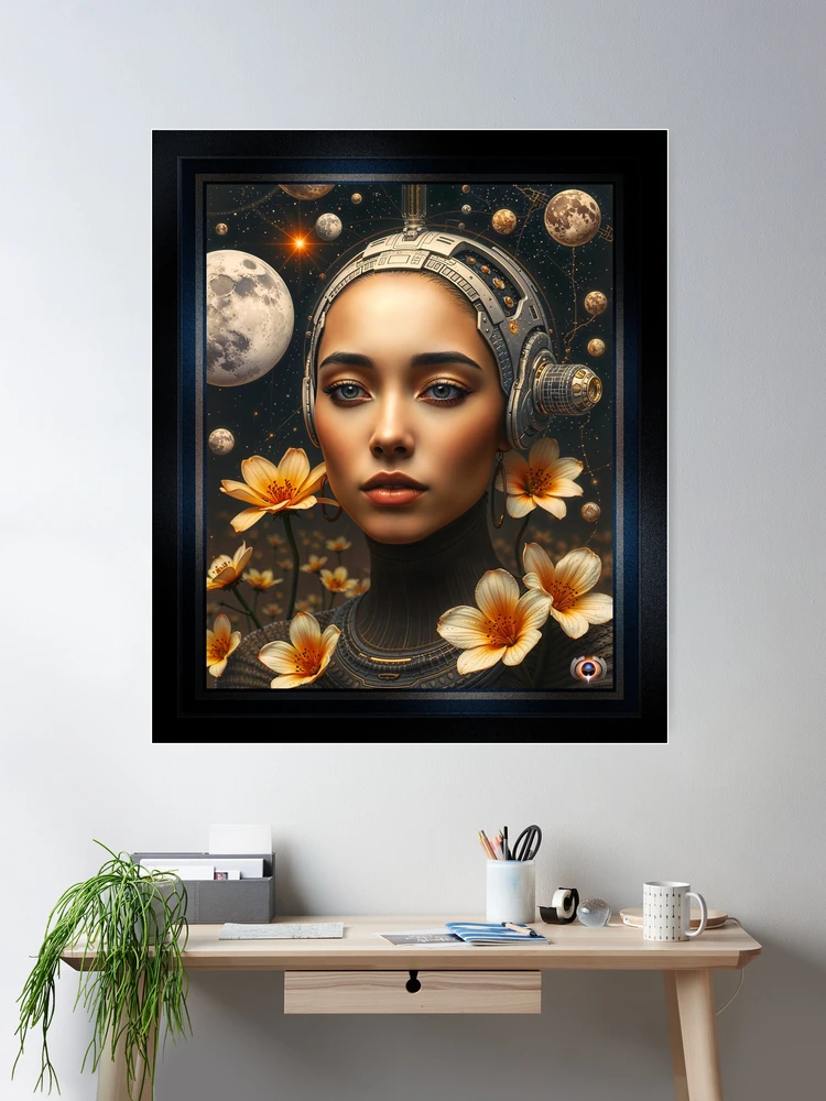 A Cosmic Portrait of a Woman Amidst Stars and Flowers Captiving AI Concept Art by Xzendor7 Wall Decor Decor Poster Art Print