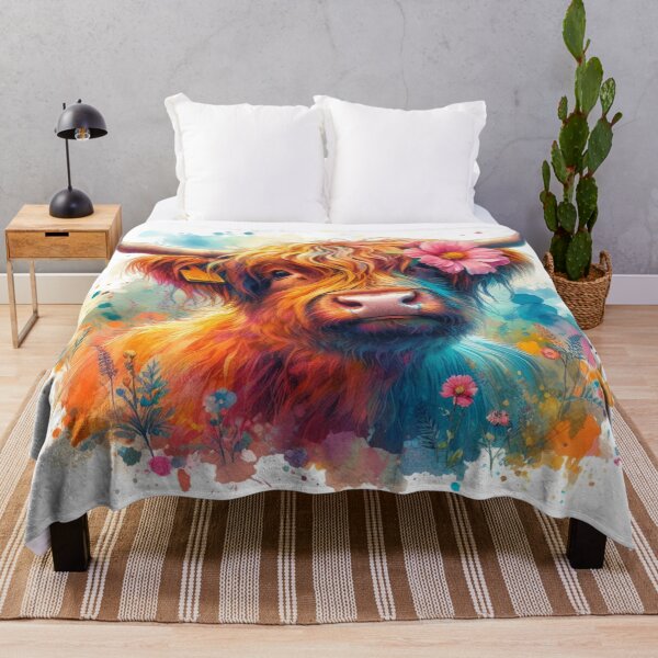 Item preview, Pretty Scottish Highland Cow with Flower Colorful Watercolor designed and sold by MaedK.