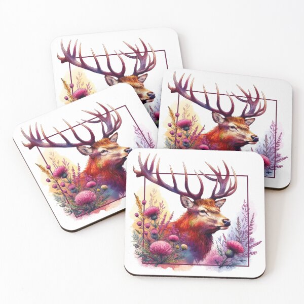 Item preview, Majestic Scottish Highland Stag in Thistles and Heather Colorful Watercolor designed and sold by MaedK.