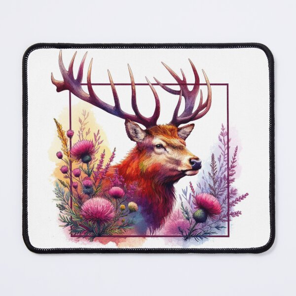 Item preview, Majestic Scottish Highland Stag in Thistles and Heather Colorful Watercolor designed and sold by MaedK.