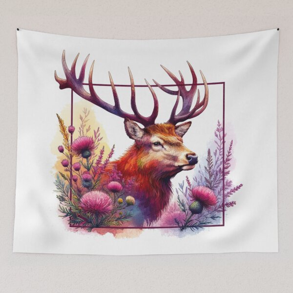 Item preview, Majestic Scottish Highland Stag in Thistles and Heather Colorful Watercolor designed and sold by MaedK.