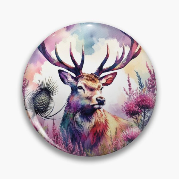 Item preview, Majestic Scottish Highland Stag in Thistles and Heather Colorful Watercolor designed and sold by MaedK.