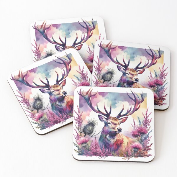Item preview, Majestic Scottish Highland Stag in Thistles and Heather Colorful Watercolor designed and sold by MaedK.