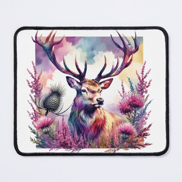 Item preview, Majestic Scottish Highland Stag in Thistles and Heather Colorful Watercolor designed and sold by MaedK.