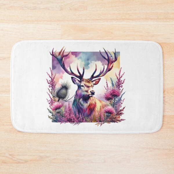 Item preview, Majestic Scottish Highland Stag in Thistles and Heather Colorful Watercolor designed and sold by MaedK.