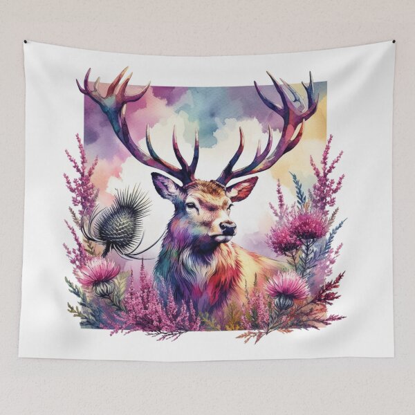 Item preview, Majestic Scottish Highland Stag in Thistles and Heather Colorful Watercolor designed and sold by MaedK.