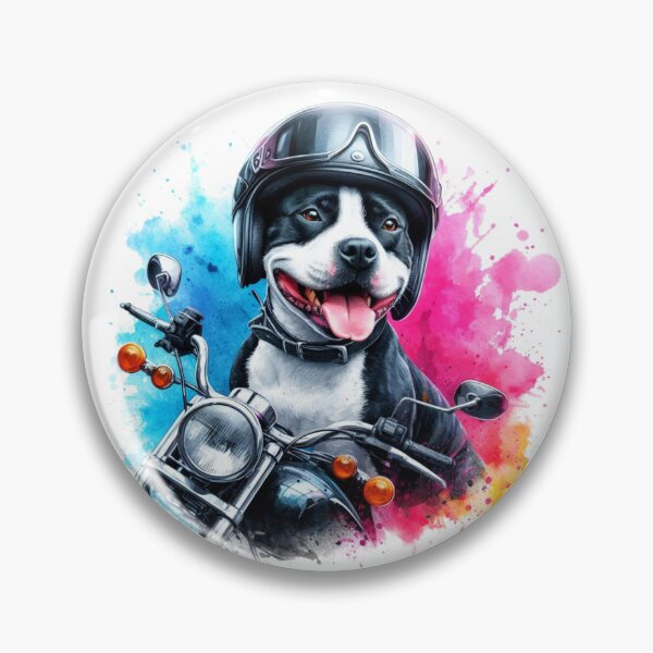 Item preview, Cool Happy Black and White Staffy on a Motorbike Colorful Watercolor Portrait designed and sold by MaedK.