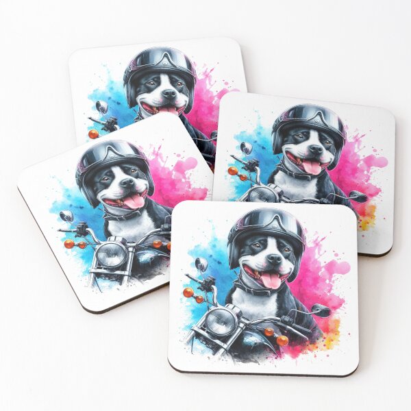 Item preview, Cool Happy Black and White Staffy on a Motorbike Colorful Watercolor Portrait designed and sold by MaedK.