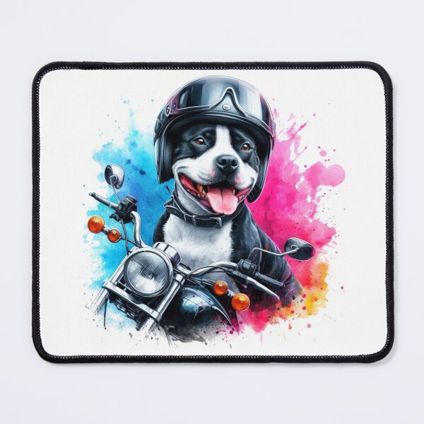 Item preview, Cool Happy Black and White Staffy on a Motorbike Colorful Watercolor Portrait designed and sold by MaedK.