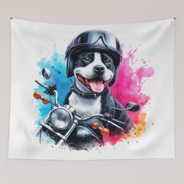 Item preview, Cool Happy Black and White Staffy on a Motorbike Colorful Watercolor Portrait designed and sold by MaedK.